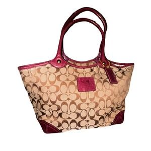 Coach Khaki/Plum Berry Signature Bleeker Tote Bag